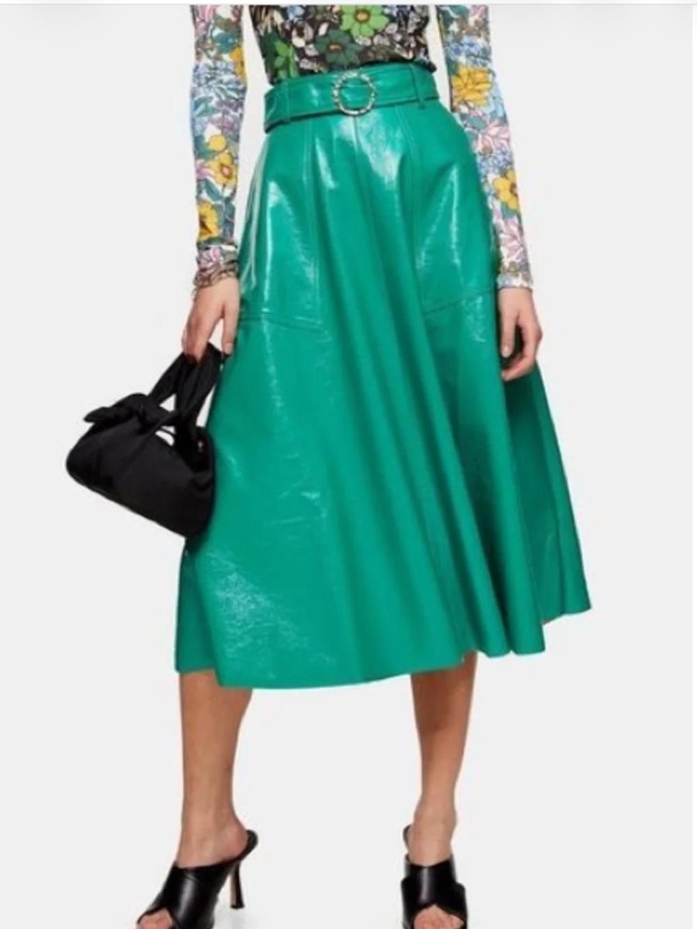 NWT Topshop Green Vinyl Faux Leather Belted Full Circle Midi Skirt US 4